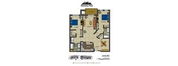 2d floorplan of a 2 bedroom, 2 bathroom unit