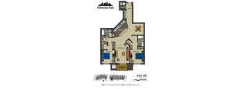 2d floorplan of a 2 bedroom, 2 bathroom unit