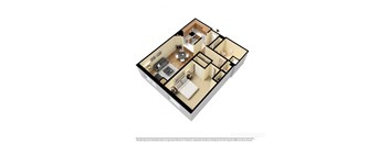 3d floorplan of a 1-bedroom 1-bathroom unit