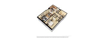 3d floor plan of a 1 bedroom 1 bathroom unit
