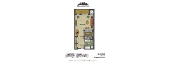 2d floorplan of a studio unit with one bathroom