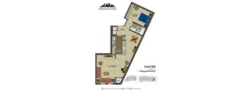 2d floorplan of a 1 bedroom, 1 bathroom unit