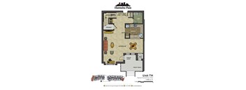 2d floorplan showing the first floor of a 2 bedroom 2 bathroom unit