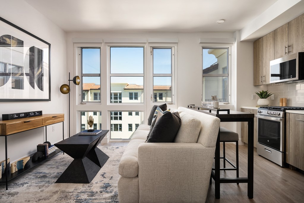 living room with floor to ceiling windows