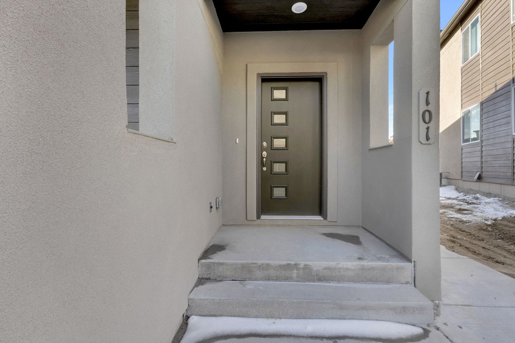 A modern house entrance with a dark grey door and steps leading up to it.