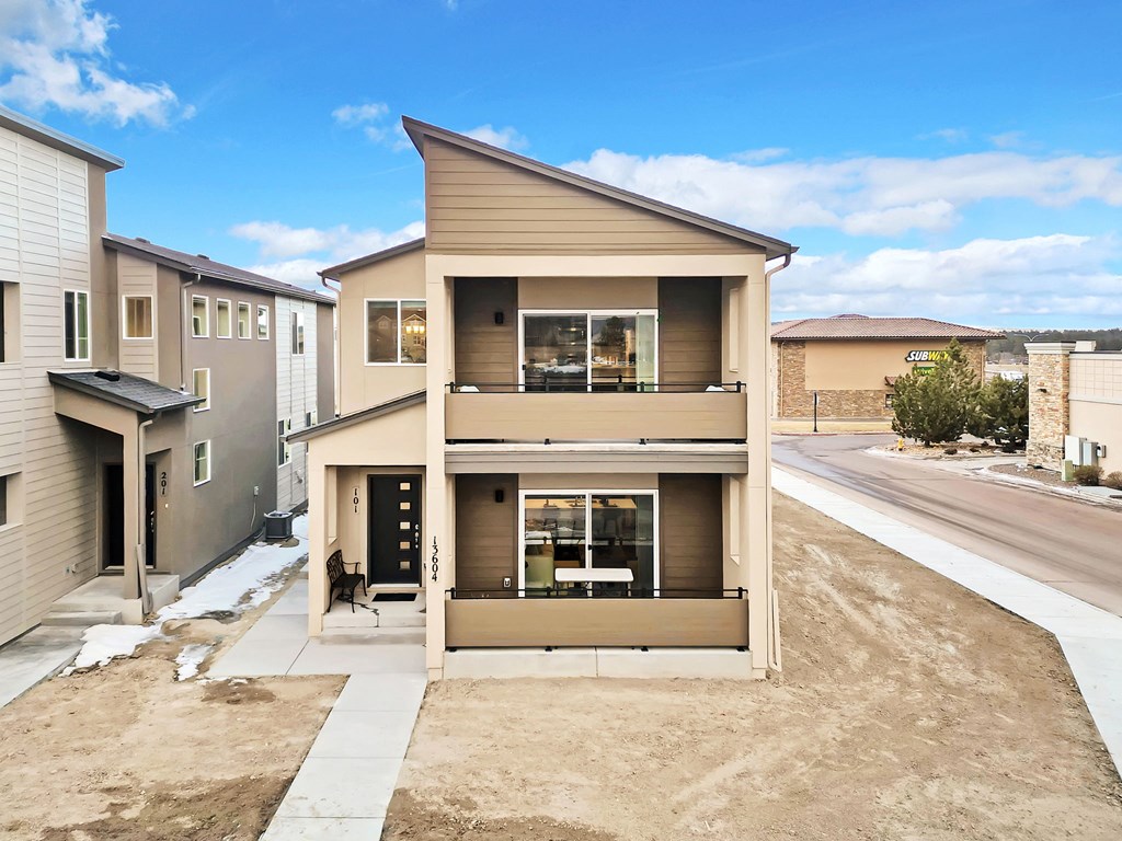 A modern two-story house with a garage is surrounded by other houses.