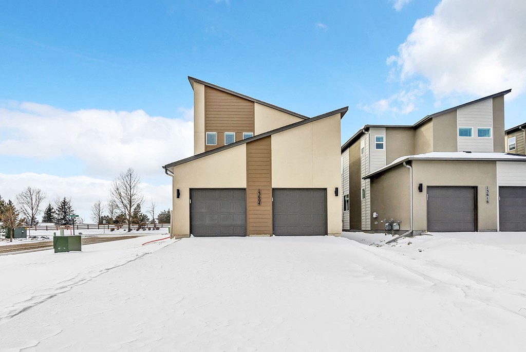 A row of houses with garages in a snowy landscape.