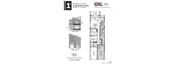 A drawing of a two bedroom building with a floor plan and elevation.