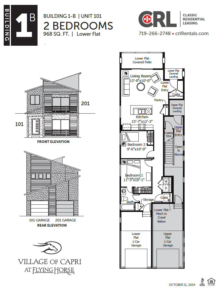 A drawing of a two bedroom building with a floor plan and elevation.