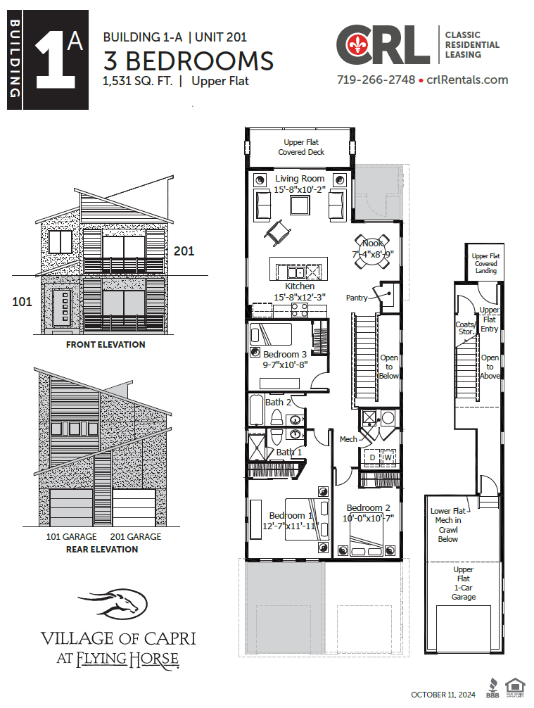 A drawing of a 3 bedroom apartment with a garage is shown.