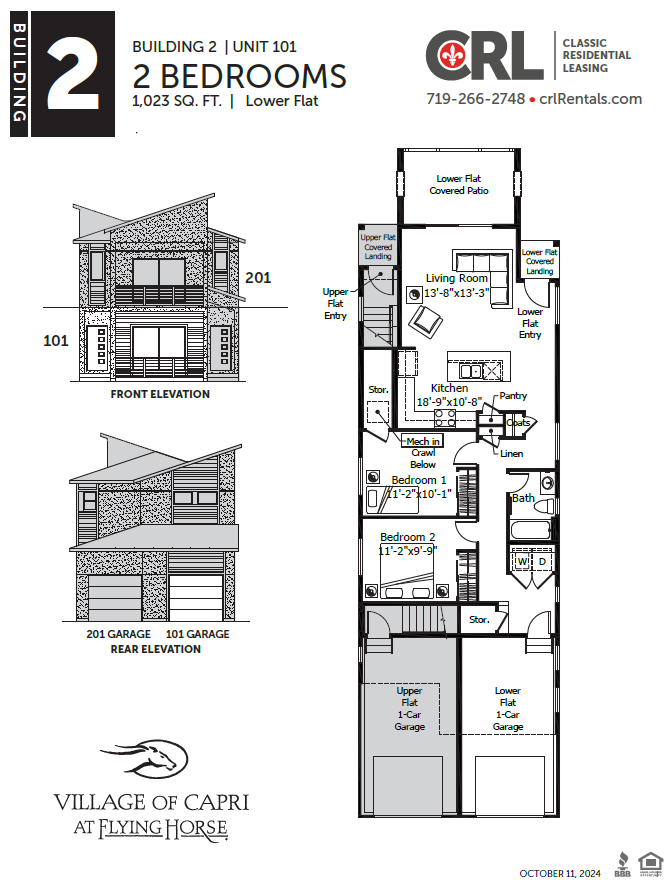 A floor plan for a 2 bedroom, 1,023 square foot lower flat is shown.