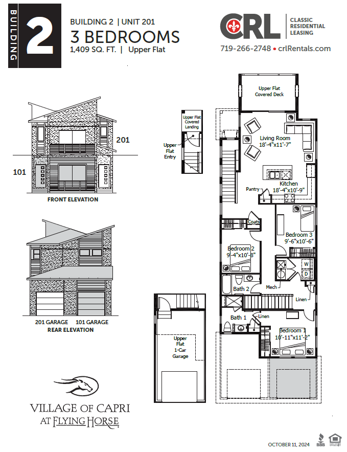 A floor plan for a 2 bedroom, 1409 square foot, upper flat at the Village of Capri at Flying Horse.