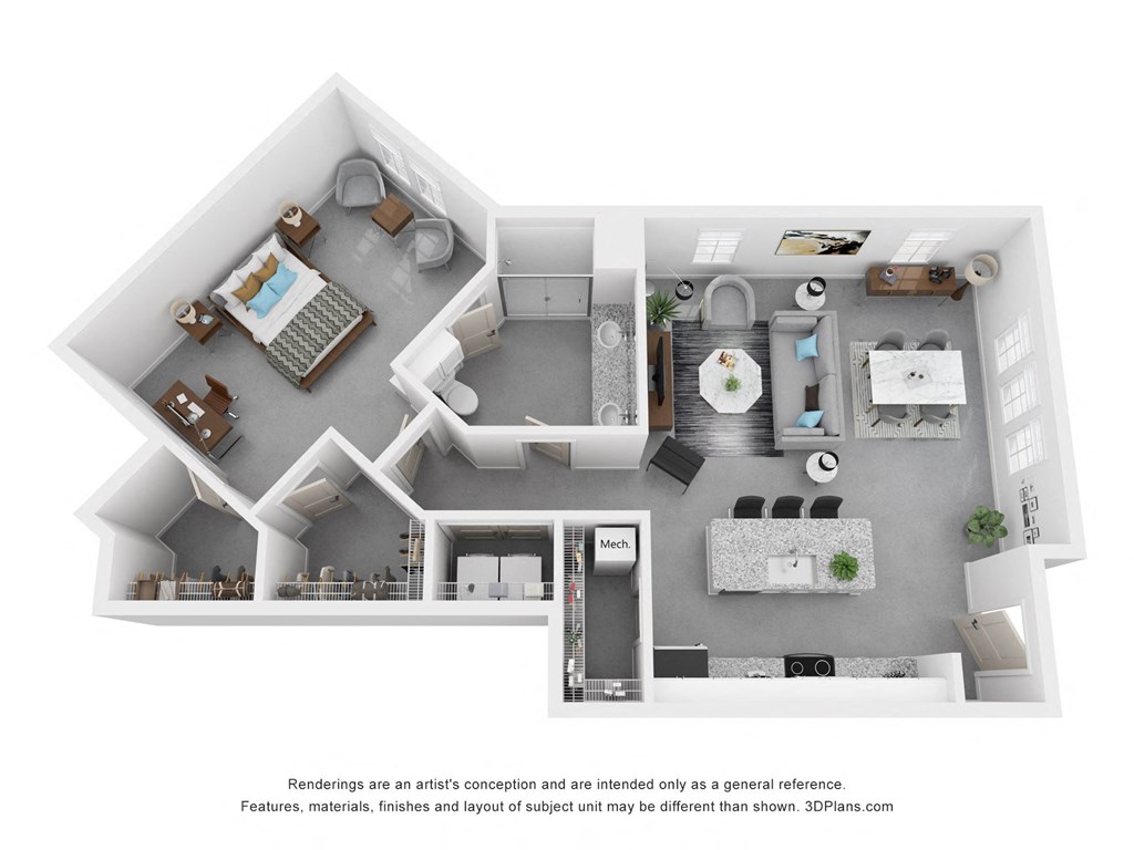a stylized floor plan of a 1 bedroom apartment