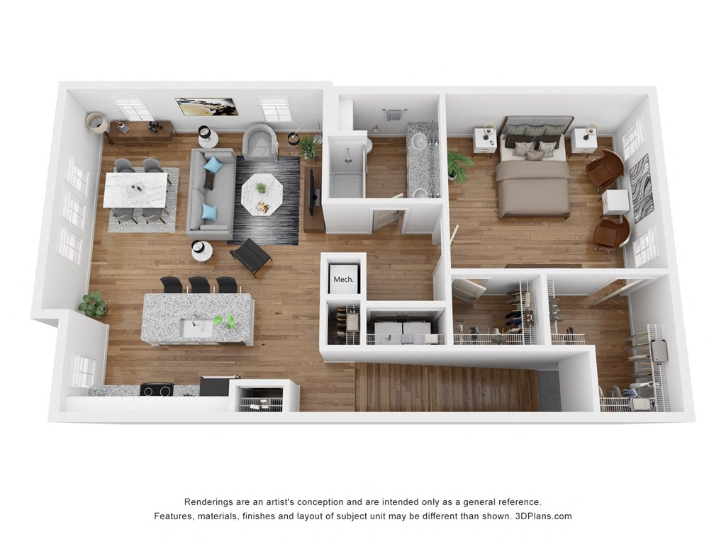 a stylized floor plan with a bedroom and living room