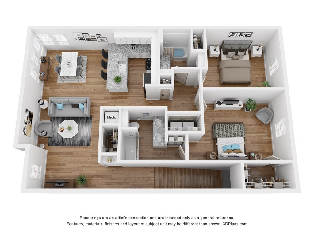 a stylized floor plan with a bedroom and a living room