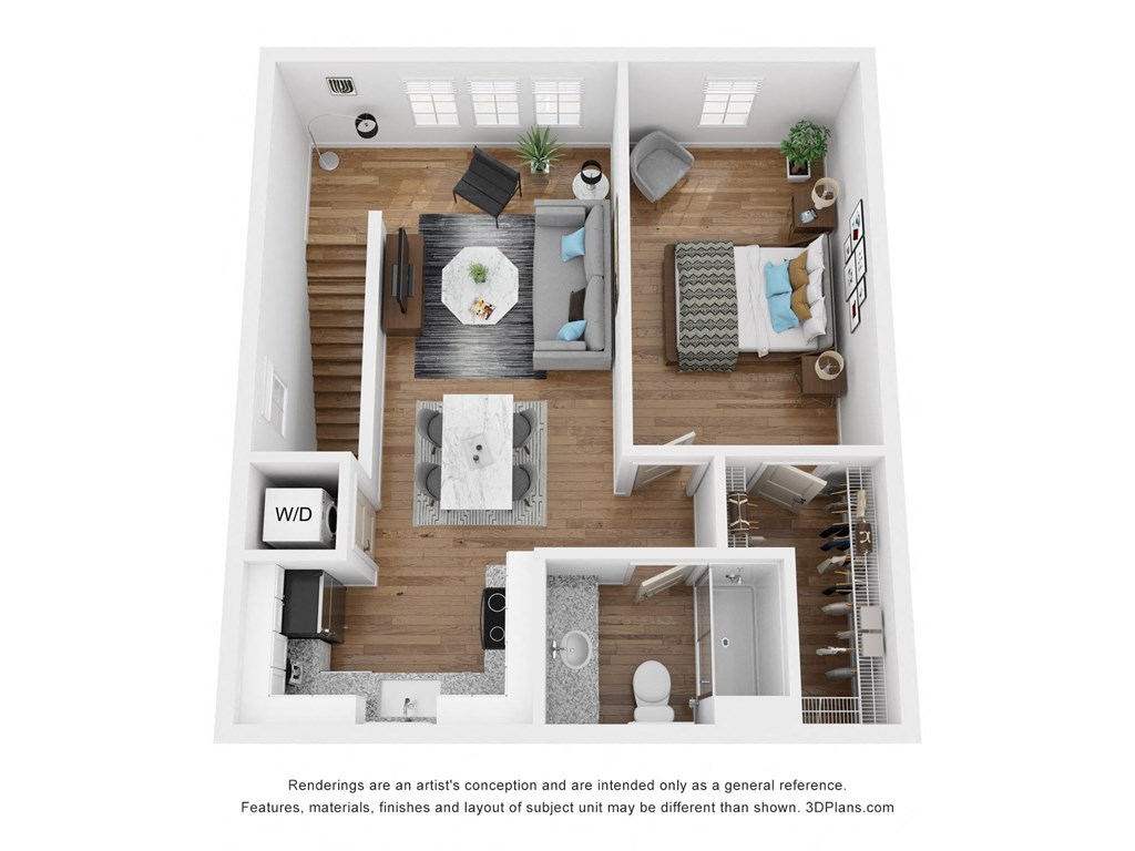 a 1 bedroom floorplan is shown in this rendering
