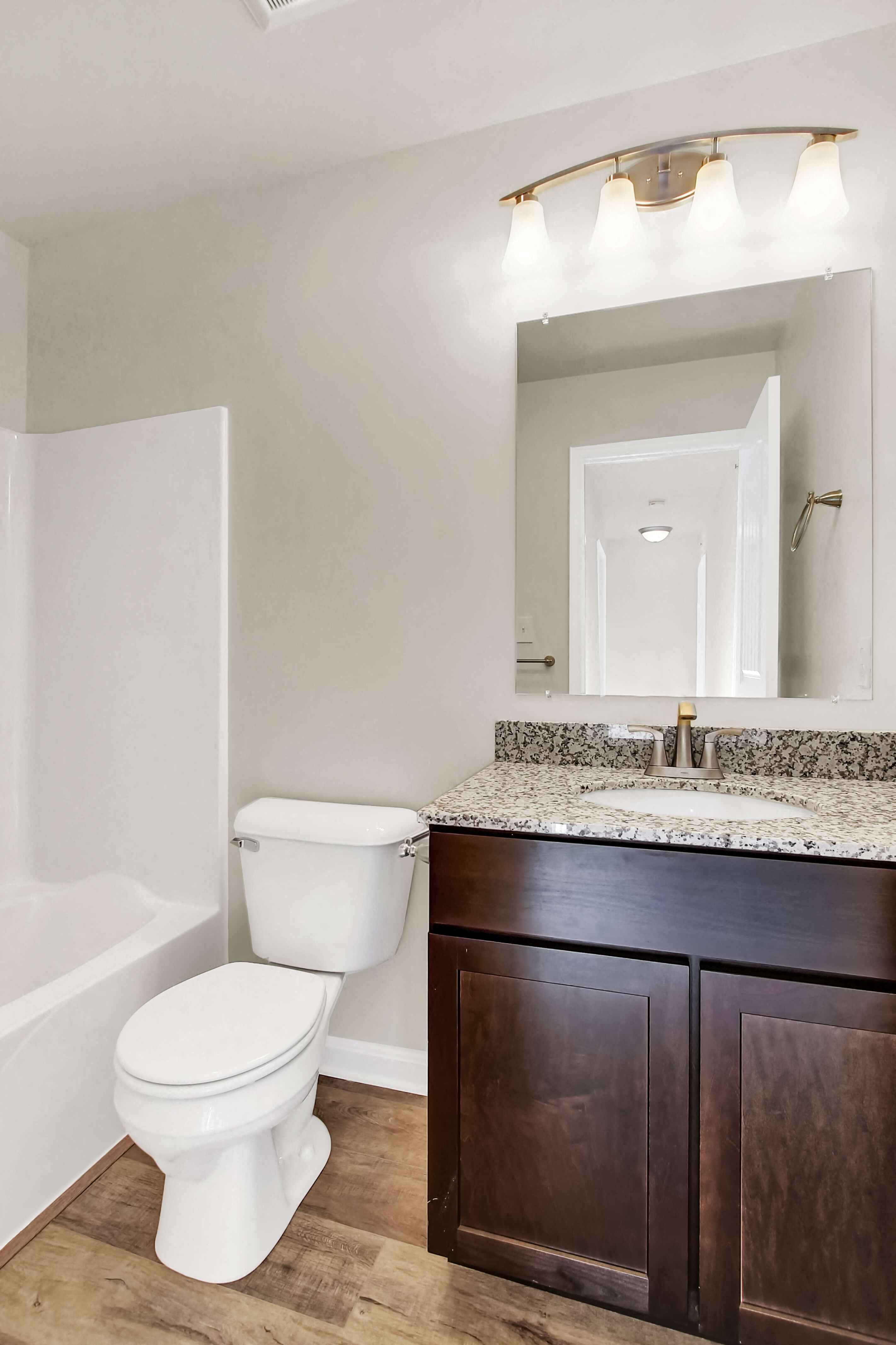 bathroom with hardwood floors and ceramic toilet and walnut vanity