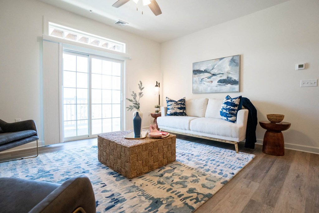 Living room with a white couch and a blue rug at Hadley Place Apartments, Pennsylvania, 17025
