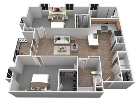 a 3d drawing of a floor plan with a bedroom and living room
