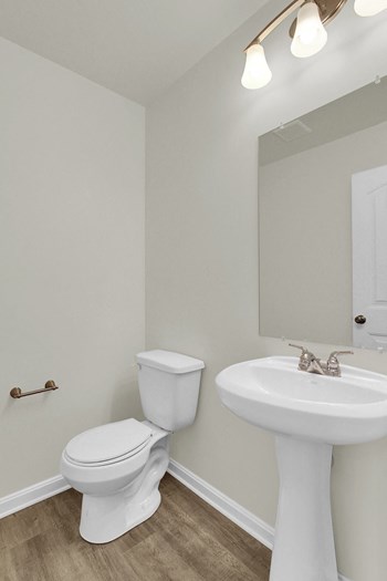 bathroom with hardwood floors and ceramic toilet and sink - Photo Gallery 5