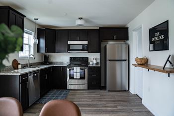 a kitchen with black cabinets and stainless steel appliances