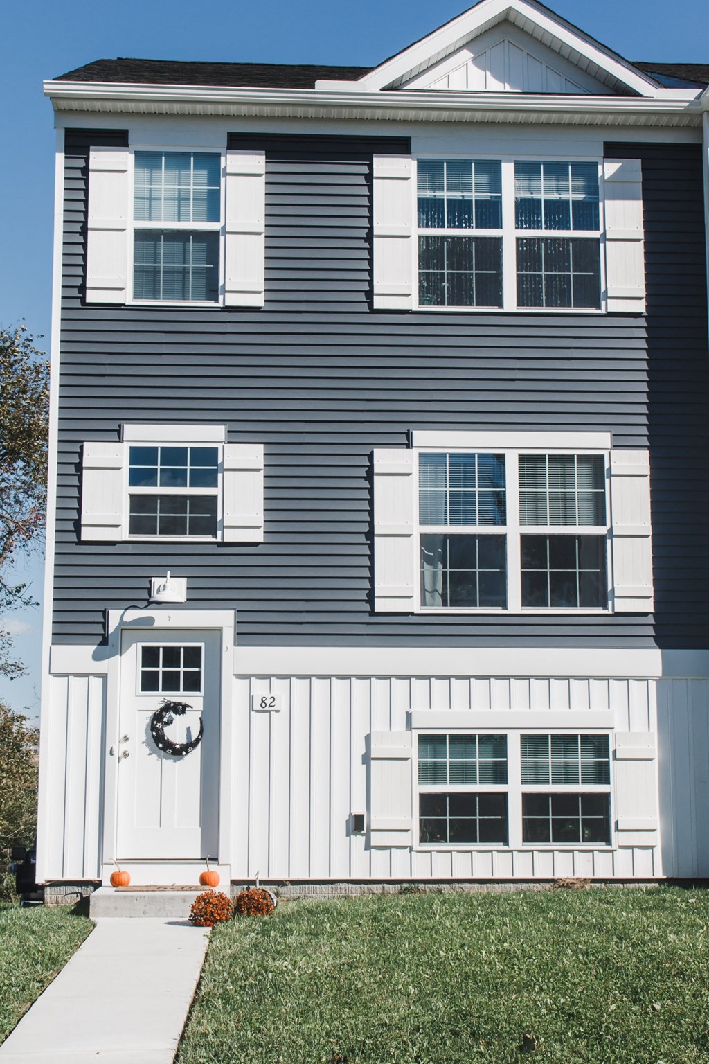 exterior grey and white siding white trim