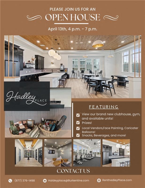 Flyer for an open house with photos of a kitchen and dining room at Hadley Place Apartments, Pennsylvania