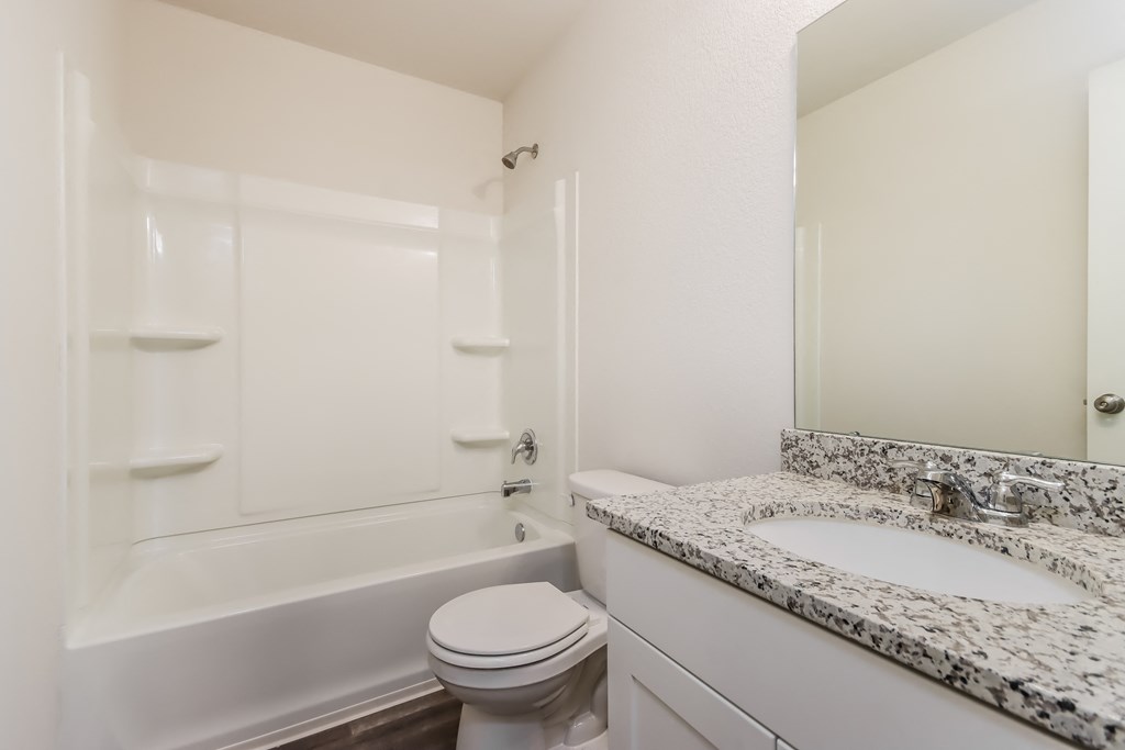 a bathroom with a tub sink and toilet and a mirror