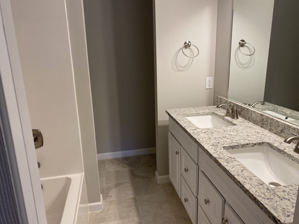 a bathroom with two sinks and a shower and a mirror