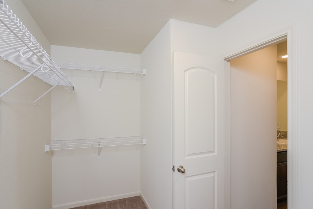 a bedroom with a closet and a white door