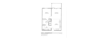 A floor plan of a one bedroom apartment with a living room, kitchen, and bathroom.