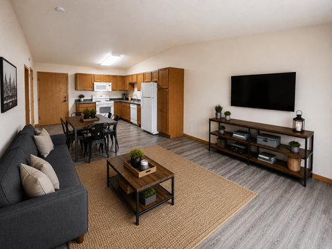 A living room with a grey couch and a wooden coffee table.