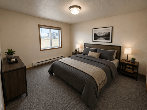 A bedroom with a large bed and a window.