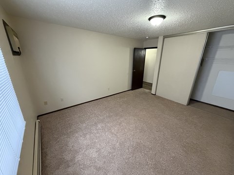 A room with a carpeted floor and a ceiling light.