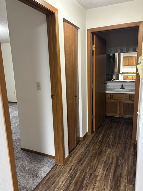 A bathroom with a sink and mirror.