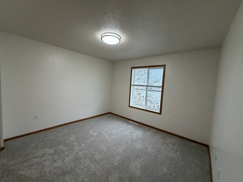 A room with a window and a carpeted floor.