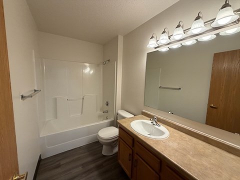 A bathroom with a toilet, sink, and mirror.