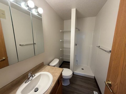A bathroom with a sink, toilet, and shower.