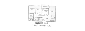 A floor plan for a 3 bedroom, 2 bathroom house.