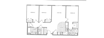 A floor plan of a house with three bedrooms, a living room, a laundry room, a storage area, and a W.I.C.