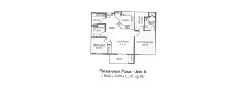 A drawing of a floor plan for Paramount Place - Unit A, a 2 Bed/2 Bath apartment sized at 1,230 Sq. Ft.