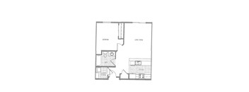 A floor plan of a small apartment with a bedroom, living room, kitchen, bath, and laundry storage.