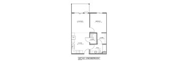A floor plan of a one bedroom apartment with a living room, bedroom, and kitchen.