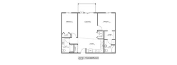 A floor plan of a unit with a bedroom, living room, and bathroom.