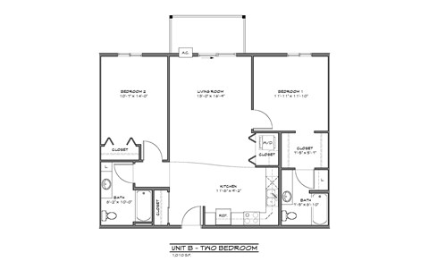 A floor plan of a unit with a bedroom, living room, and bathroom.