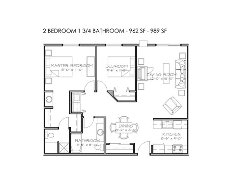 A floor plan of a 2 bedroom 1 3/4 bathroom apartment.