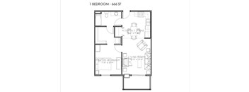 A floor plan of a one bedroom apartment with 666 square feet.