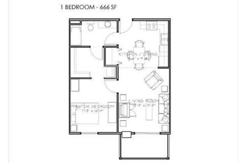 A floor plan of a one bedroom apartment with 666 square feet.