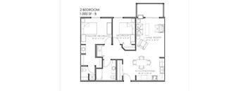 A floor plan of a 2 bedroom apartment.