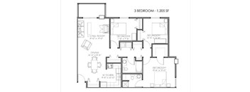 A floor plan of a 3 bedroom apartment with a living room, dining room, kitchen and three bedrooms.